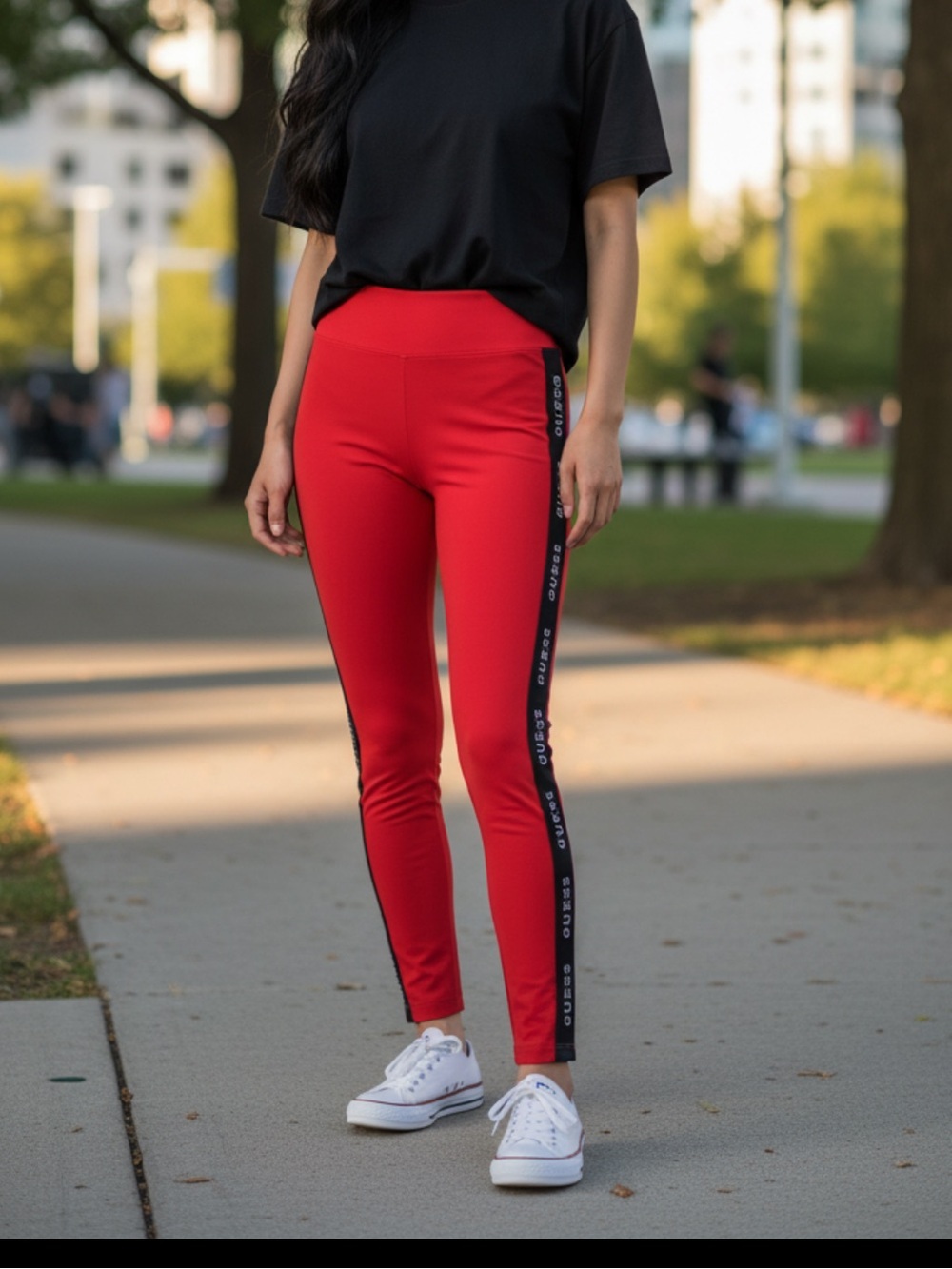 Slim High-Waist Red Side-Stripe Leggings